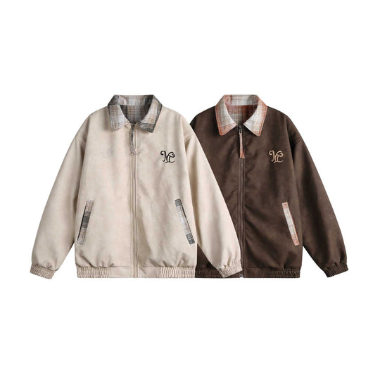 Damen Kurz geschnittene Boxy‑Jacke aus Wildleder‑Optik mit kariertem Kragen und elastischem Saum Nord Taschen