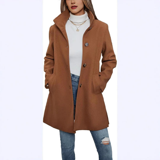 Damen Eleganter Wollmantel mit Hochgeschlossenem Kragen und Praktischen Taschen - Arvani