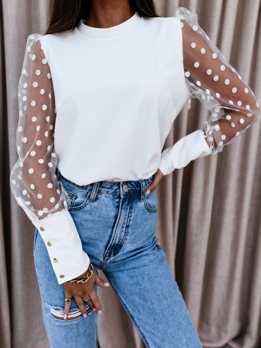 Damen Elegante Bluse mit transparenten Puffärmeln und Punkten