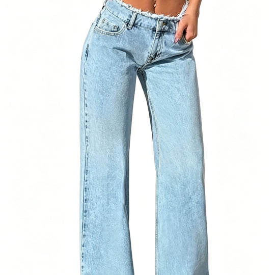 Damen High-Waist Schlagjeans mit rohem Bund und weitem Bein Nord Taschen