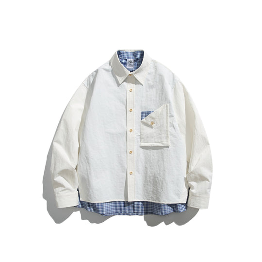 Herren Boxy-Overshirt im Layer-Look mit kariertem Innenfutter, Brusttasche und Holzknöpfen Nord Taschen