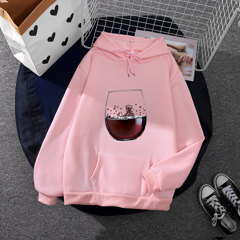 Damen nan lässiger Kapuzenhoodie mit fotorealistischer Weinglas‑Grafik, Kängurutasche und weichem Fleece Nord Taschen