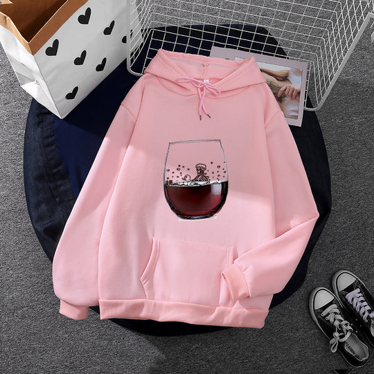 Damen nan lässiger Kapuzenhoodie mit fotorealistischer Weinglas‑Grafik, Kängurutasche und weichem Fleece Nord Taschen