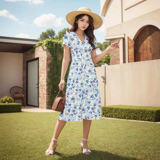 Damen Elegantes Maxikleid mit floralen Akzenten und leichtem V-Ausschnitt Nord Taschen