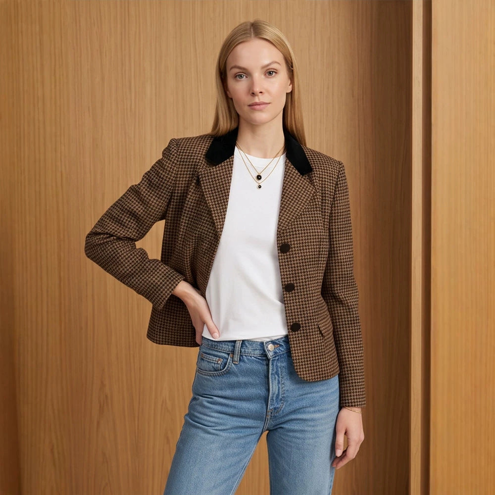 Damen Taillierter Hahnentritt-Blazer mit Samtkragen und Zweiknopfleiste Nord Taschen