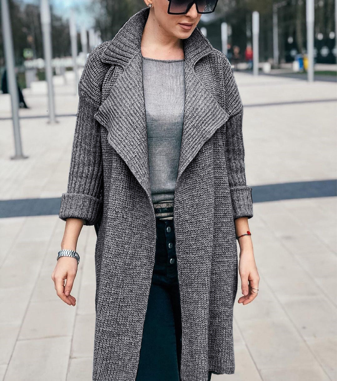 Damen Langer Offener Strickmantel mit Schalkragen und Umschlagärmeln Nord Taschen