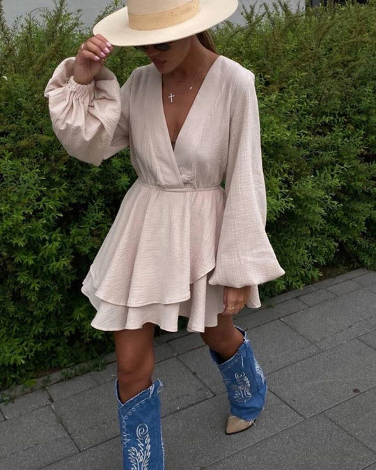 Damen Luftiges Wickelkleid mit Volantstufen und Ballonärmeln Nord Taschen