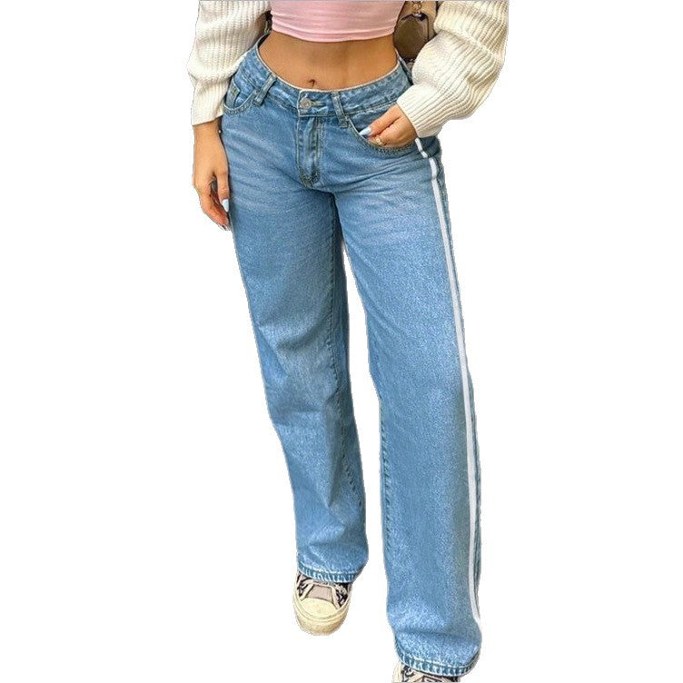 Damen weite High-Waist Denim-Jeans mit seitlichem Kontraststreifen Nord Taschen