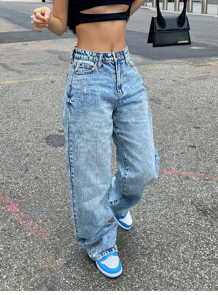 Damen weite High-Waist Baggy-Jeans mit tiefem Schritt, Five-Pocket Design und extra-langen Beinen Nord Taschen