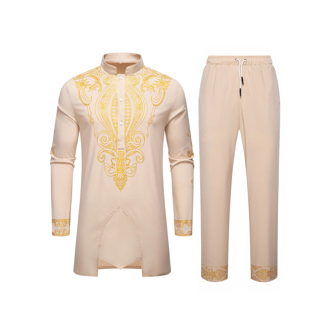 Herren Tunika Anzug mit Stehkragen und ornamentaler Goldapplikation Nord Taschen