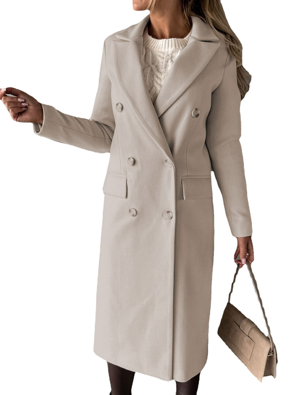 Damen Doppelreihiger Midilanger Wollmantel mit Reverskragen und taillierter Silhouette Nord Taschen