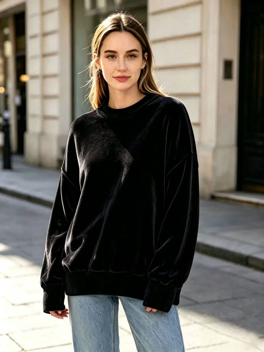 Damen Weicher Oversize-Samtpullover mit hohem Rundhals und überschnittenen Ärmeln Nord Taschen
