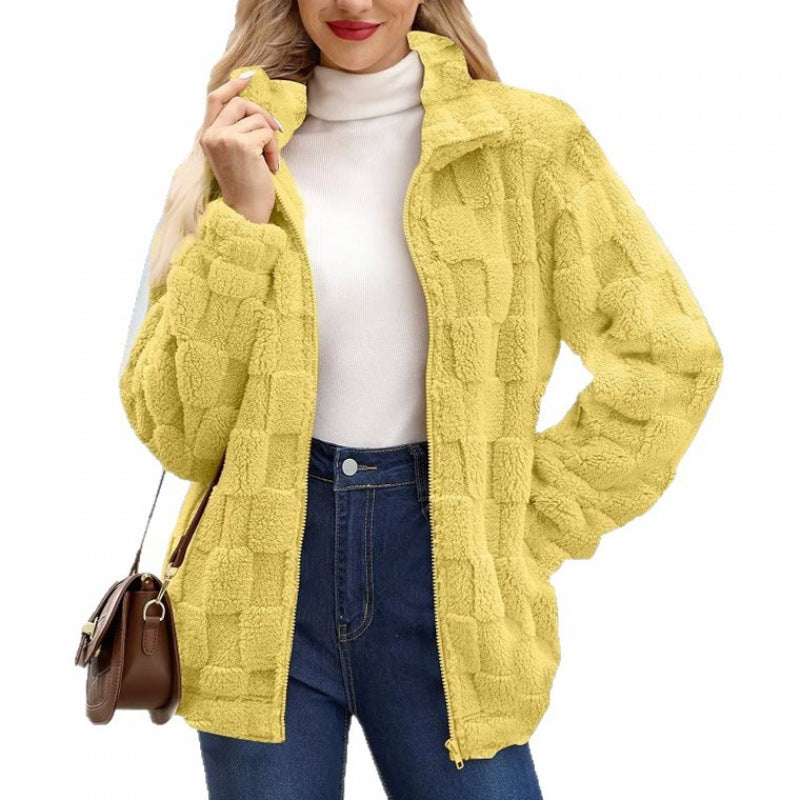 Damen Teddyjacke mit Karo-Struktur, Stehkragen und Reißverschluss Nord Taschen