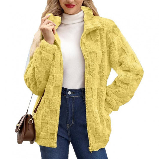 Damen Teddyjacke mit Karo-Struktur, Stehkragen und Reißverschluss Nord Taschen