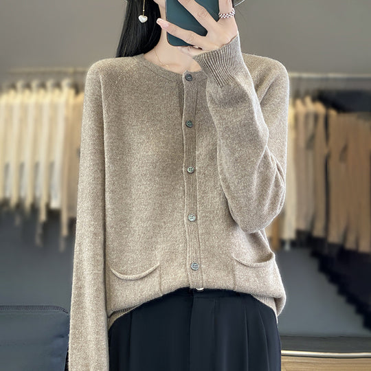 Damen Langer Feinstrick-Cardigan mit Rundhalsausschnitt, Eingrifftaschen und Alpaka-Mix Nord Taschen