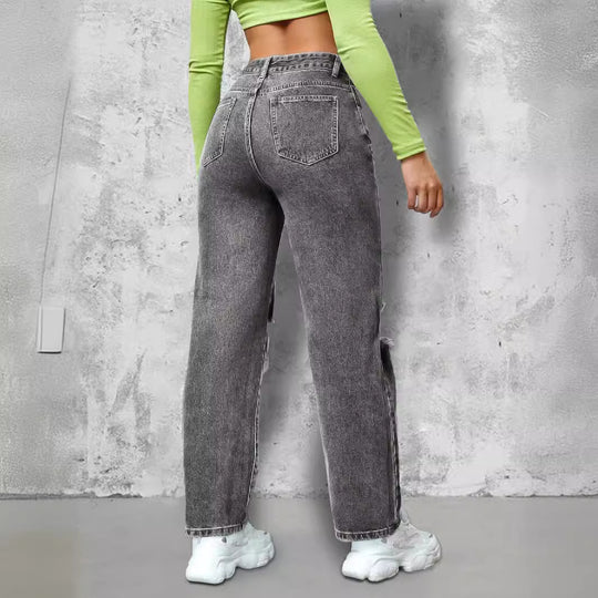 Damen High‑Waist Ripped Straight‑Leg Jeanshose mit Knie‑Cutouts und Used‑Wash Nord Taschen