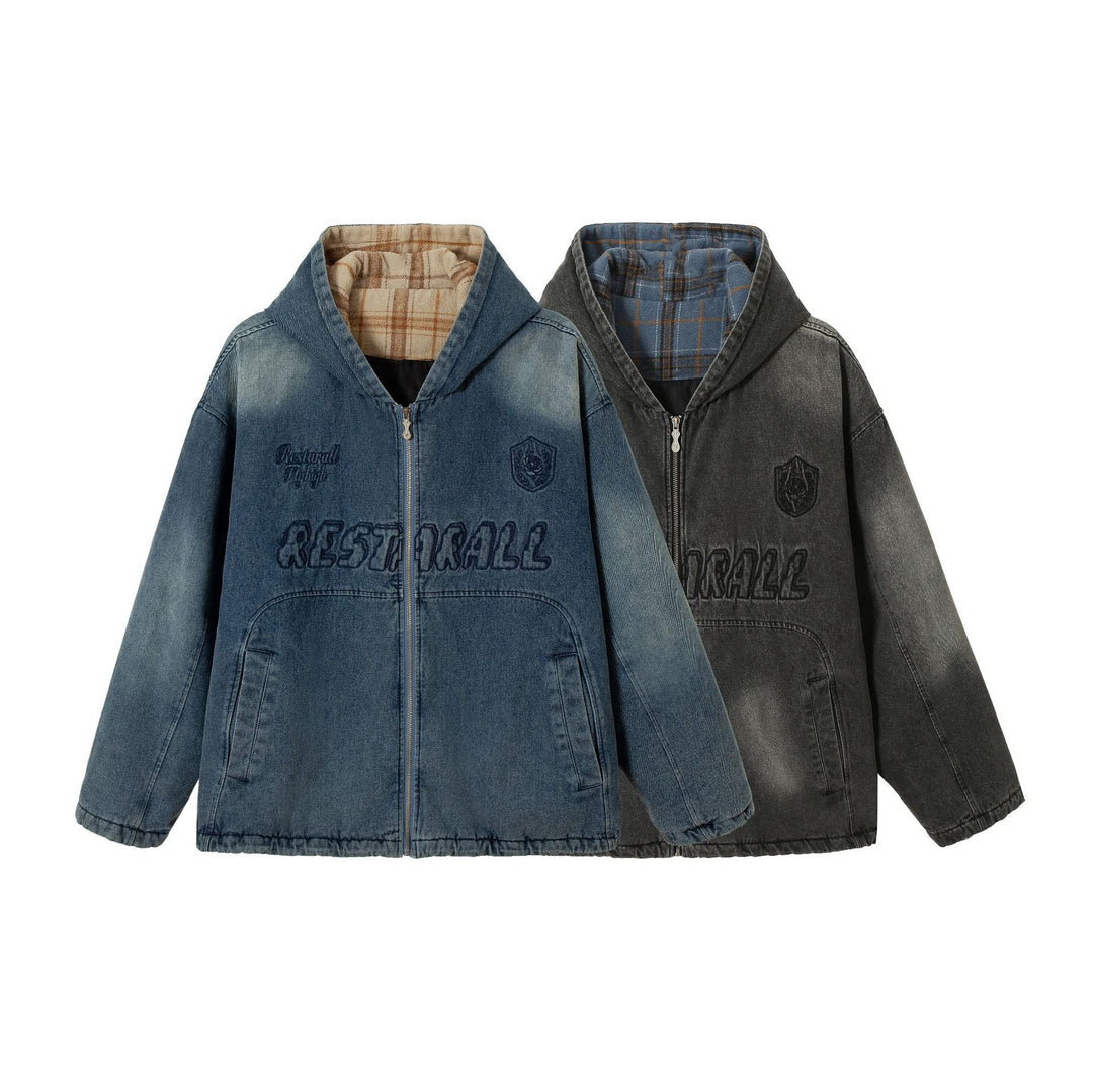 Herren Washed-Denim Kapuzenjacke im Oversize-Look mit kariert gefütterter Kapuze Nord Taschen