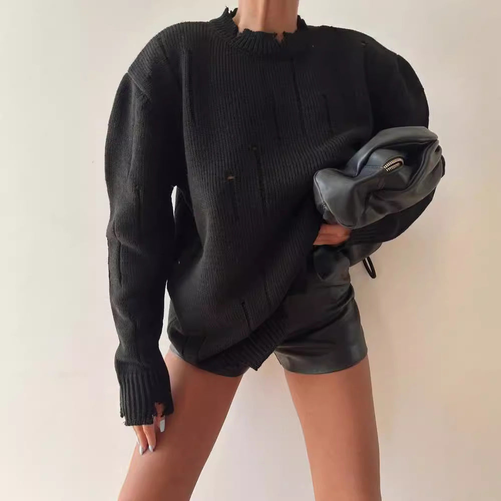 Damen Oversized Grobstrickpullover mit Distressed-Details und geripptem Saum Nord Taschen
