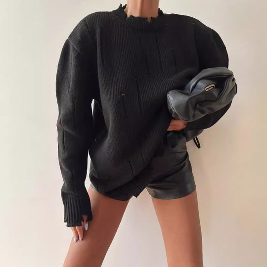 Damen Oversized Grobstrickpullover mit Distressed-Details und geripptem Saum Nord Taschen