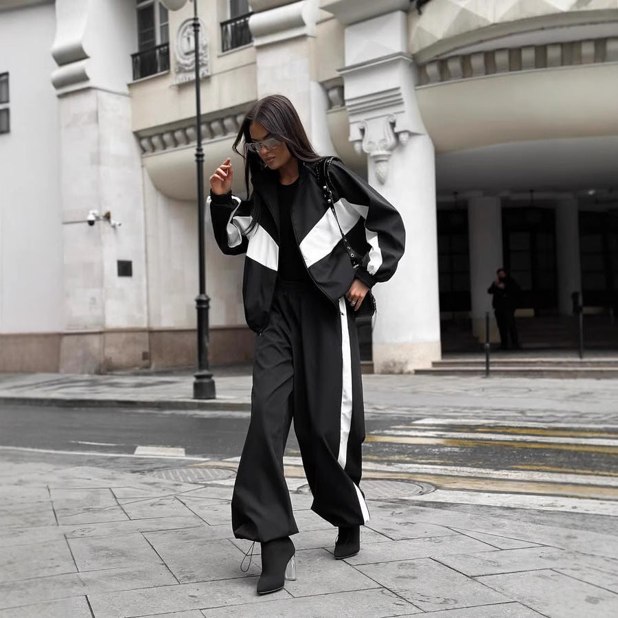 Damen sportives Zweiteiler-Set aus Oversize-Trackjacke mit Reißverschluss und weitem Bundfalten-Hose Nord Taschen