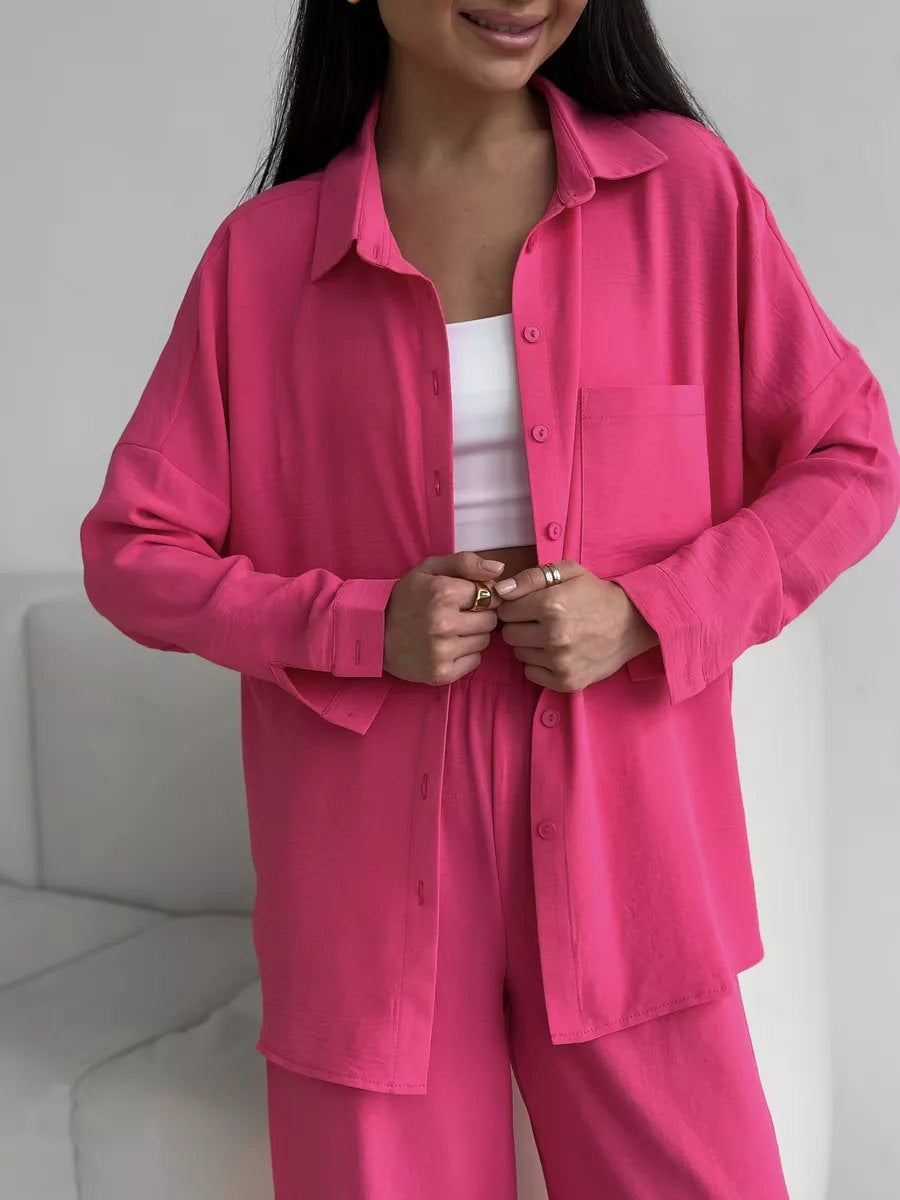 Damen Zweiteiliges Lounge-Set Oversize-Bluse mit Brusttasche und weiter Palazzo-Hose Nord Taschen