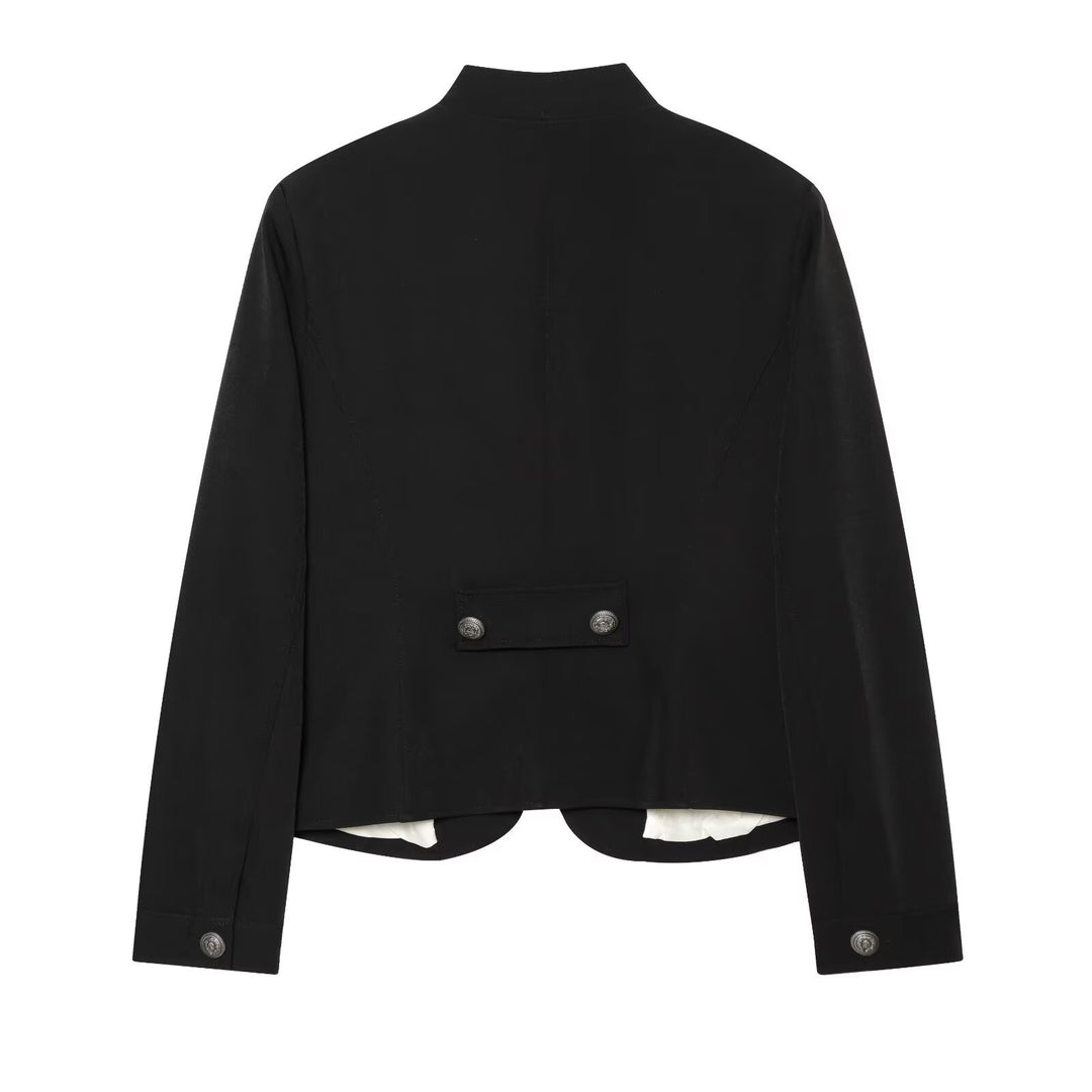 Damen Militärisch inspirierte Doppelreihige Kurzjacke mit Stehkragen und Epauletten Nord Taschen