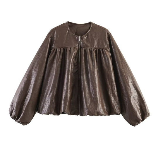 Damen Gekürzte Blousonjacke mit Ballonärmeln, geraffter Passe und Reißverschluss Nord Taschen