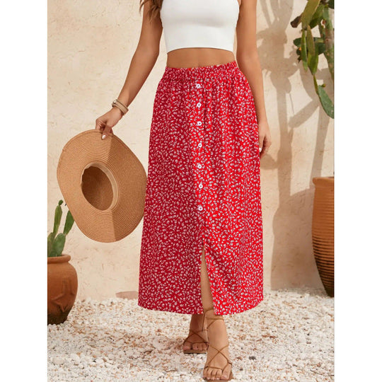 Damen Maxirock mit floralen Knopfdetails und seitlichem Schlitz Nord Taschen