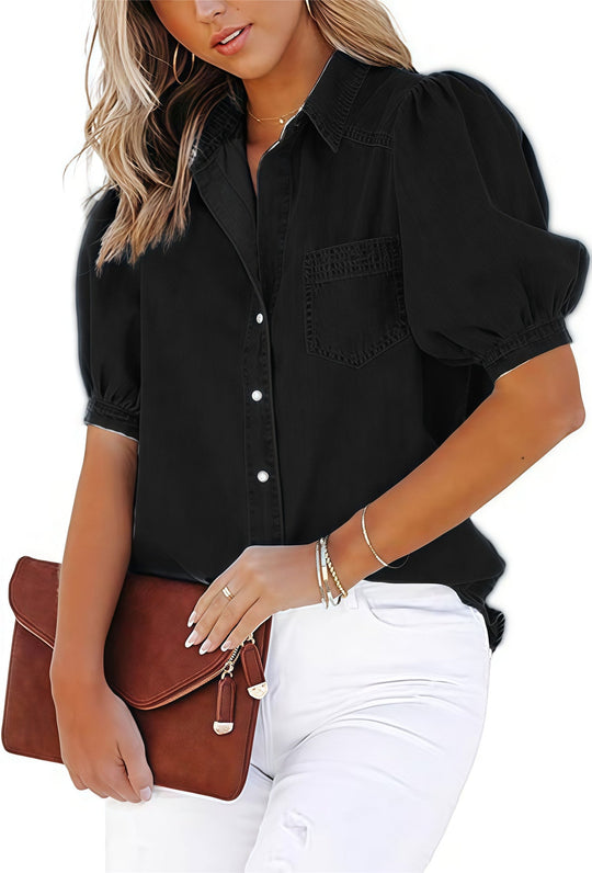 Damen lässige Denim-Bluse mit ballonärmel und praktischer Brusttasche