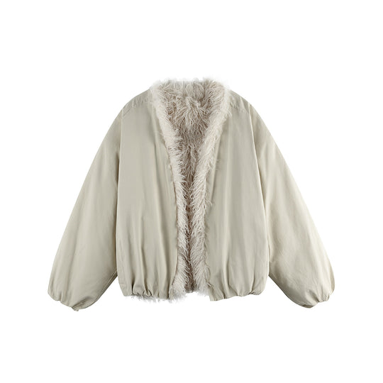 Damen Kurzblouson im Oversize‑Cut mit voluminösem Teddyfutter und elastischem Saum Nord Taschen
