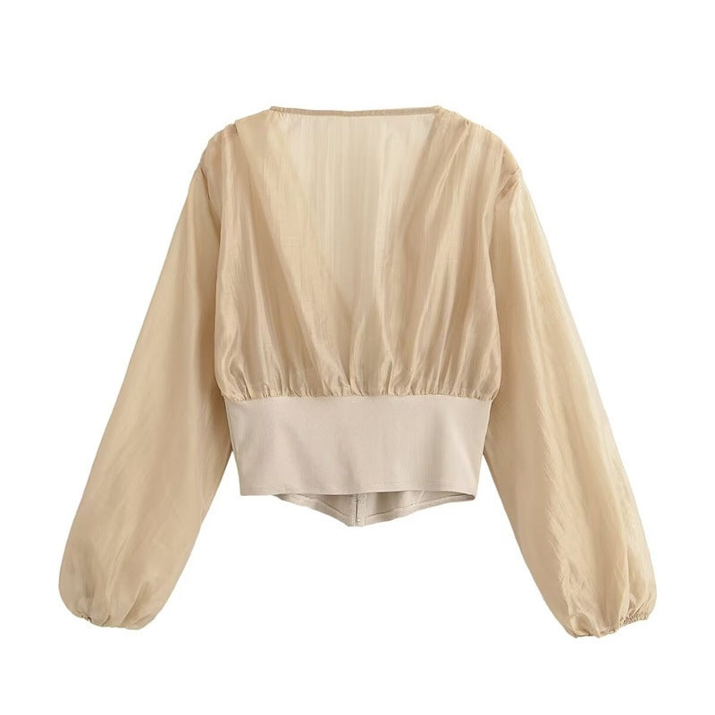 Damen Cropped Chiffon-Bluse mit tiefem V-Ausschnitt und tailliertem Korsettbund Nord Taschen