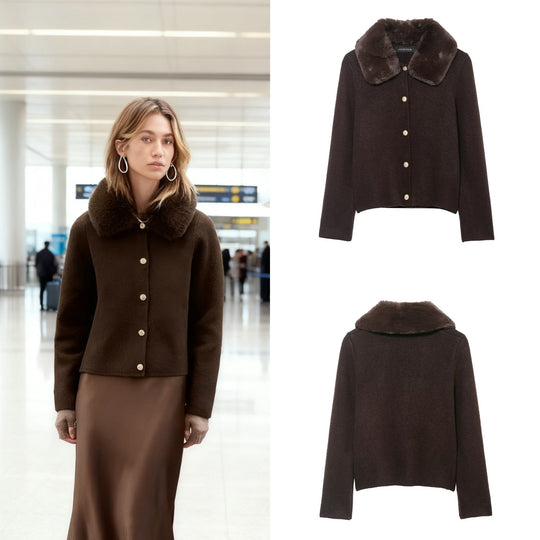 Damen Kurzgeschnittener Strickcardigan mit abnehmbarem Faux‑Fur‑Kragen Nord Taschen