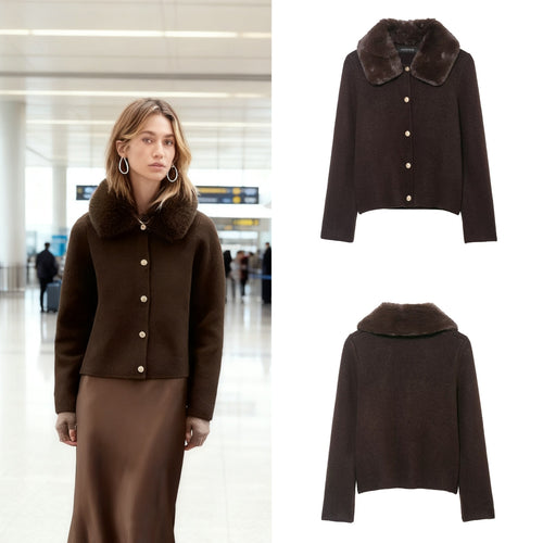 Damen Kurzgeschnittener Strickcardigan mit abnehmbarem Faux‑Fur‑Kragen Nord Taschen