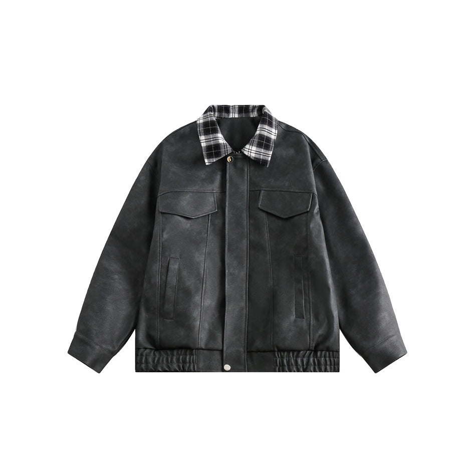 Herren Boxy Kunstleder‑Blouson mit kariertem Umlegekragen und Pattentaschen Nord Taschen
