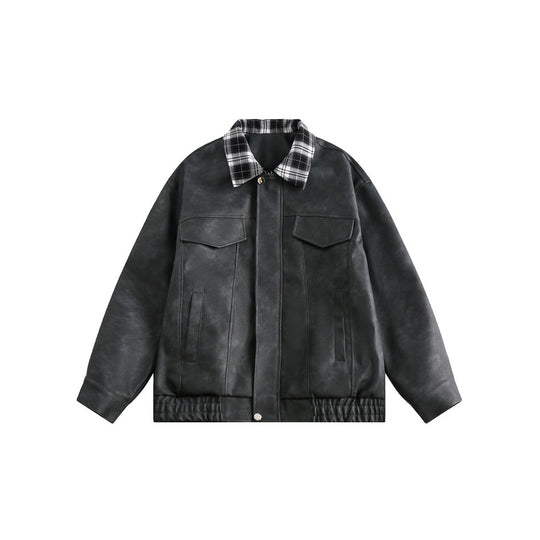 Herren Boxy Kunstleder‑Blouson mit kariertem Umlegekragen und Pattentaschen Nord Taschen