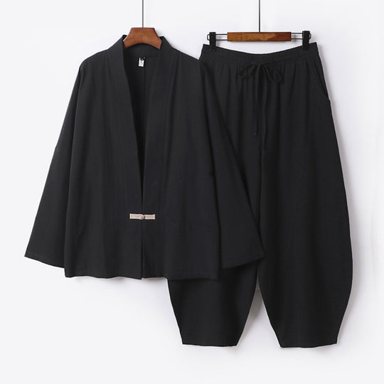 Herren Kimono-Loungewear-Set mit kurzem Schalkragen und weiten Harem-Bundhosen Nord Taschen