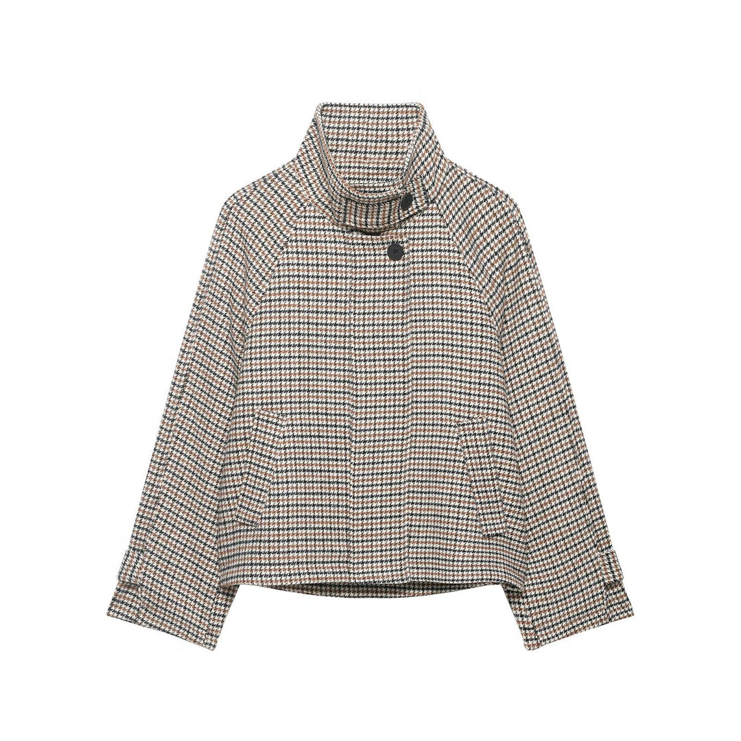 Damen Kurzgeschnittene Bouclé-Jacke mit hohem Stehkragen und Raglanärmeln Nord Taschen