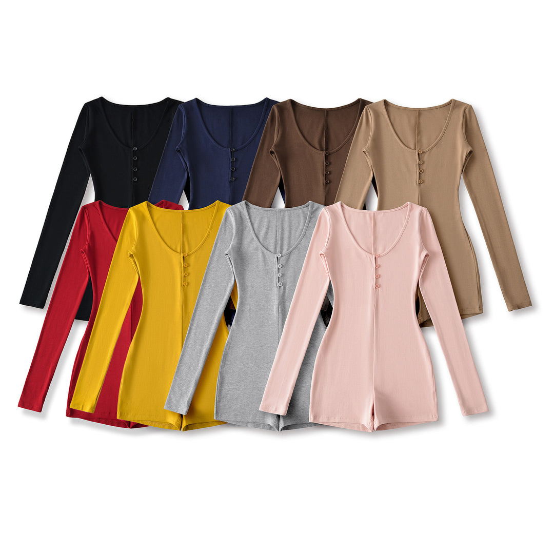 Damen Enganliegender Langarm-Body mit Knopfleiste und kurzer Shorts Nord Taschen