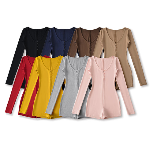 Damen Enganliegender Langarm-Body mit Knopfleiste und kurzer Shorts Nord Taschen