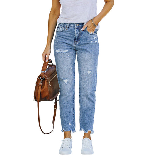 Damen High-Waist Jeans mit geradem Bein, Destroyed-Optik und rohem Saum Nord Taschen