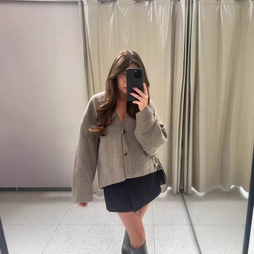 Damen Boxy Kurzjacke aus Wollmix mit V‑Ausschnitt und Zwei‑Knopf‑Verschluss Nord Taschen