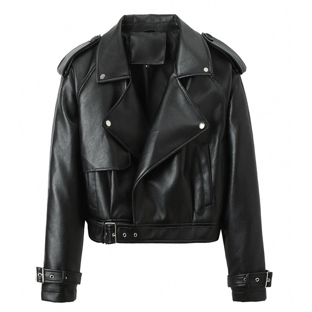 Damen Cropped Biker‑Trench aus weichem Kunstleder mit Schulterriegeln und Schnallenmanschetten Nord Taschen