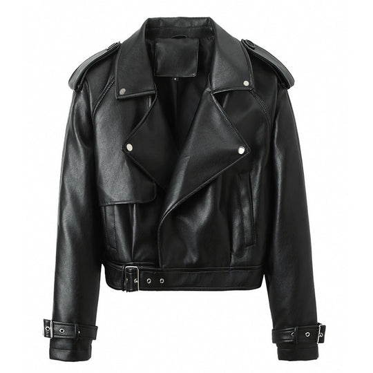 Damen Cropped Biker‑Trench aus weichem Kunstleder mit Schulterriegeln und Schnallenmanschetten Nord Taschen