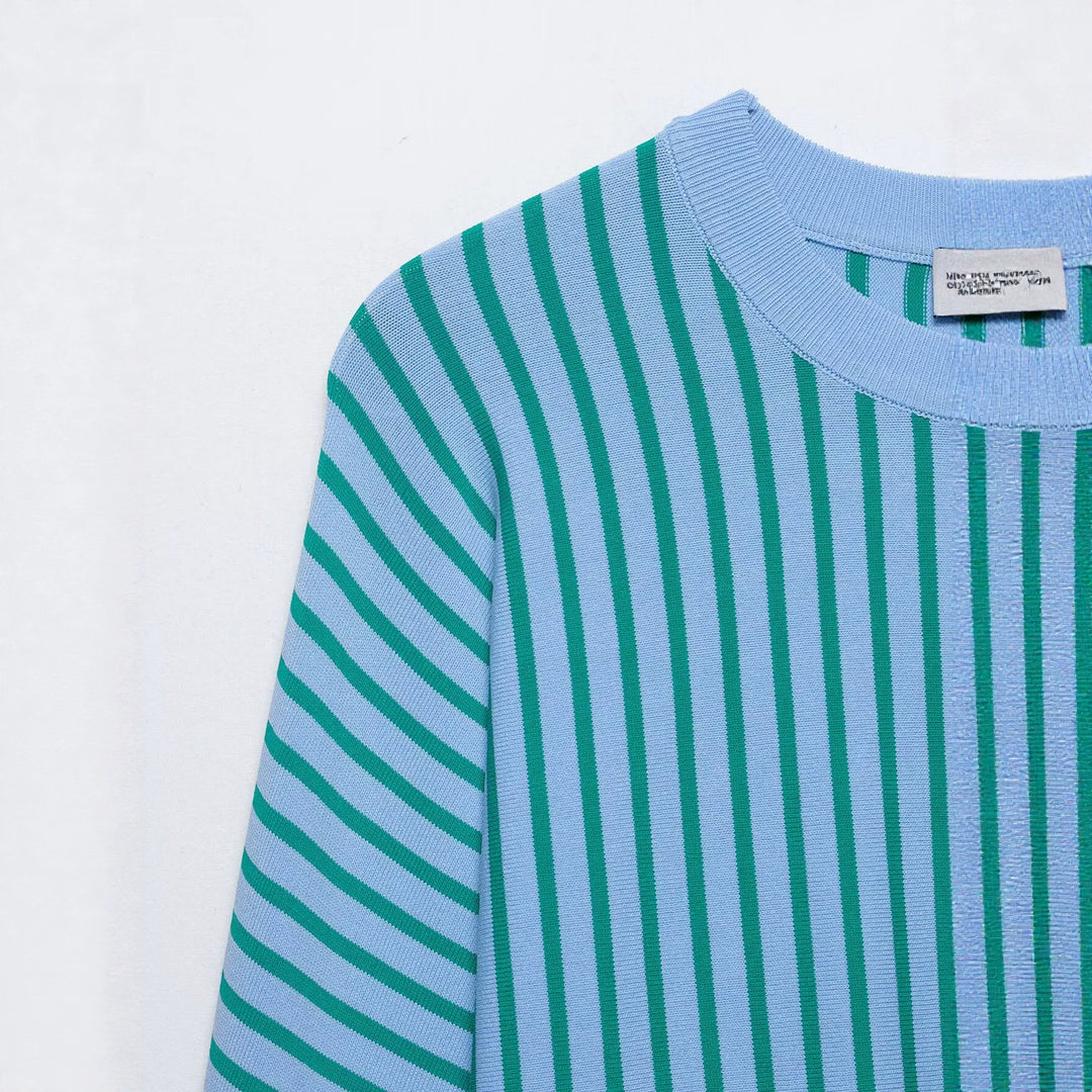 Damen Leichter Rundhals-Feinstrickpullover mit schmalen Längs- und Diagonalstreifen Nord Taschen