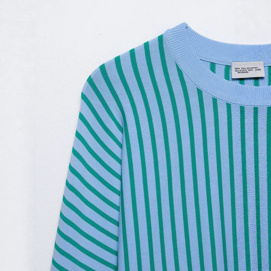 Damen Leichter Rundhals-Feinstrickpullover mit schmalen Längs- und Diagonalstreifen Nord Taschen