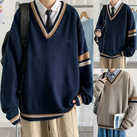 Herren Modischer Grobstrickpullover mit V-Ausschnitt und Streifen Nord Taschen