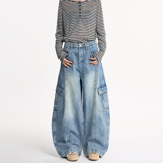 Damen Weite Cargo-Denim-Palazzohose im Baggy-Cut Nord Taschen