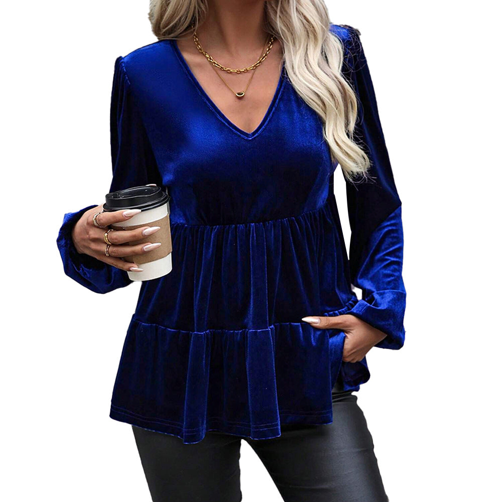 Damen samtiges Volant‑Peplum‑Top mit V‑Ausschnitt, geraffter Taille und langen Ballonärmeln Nord Taschen