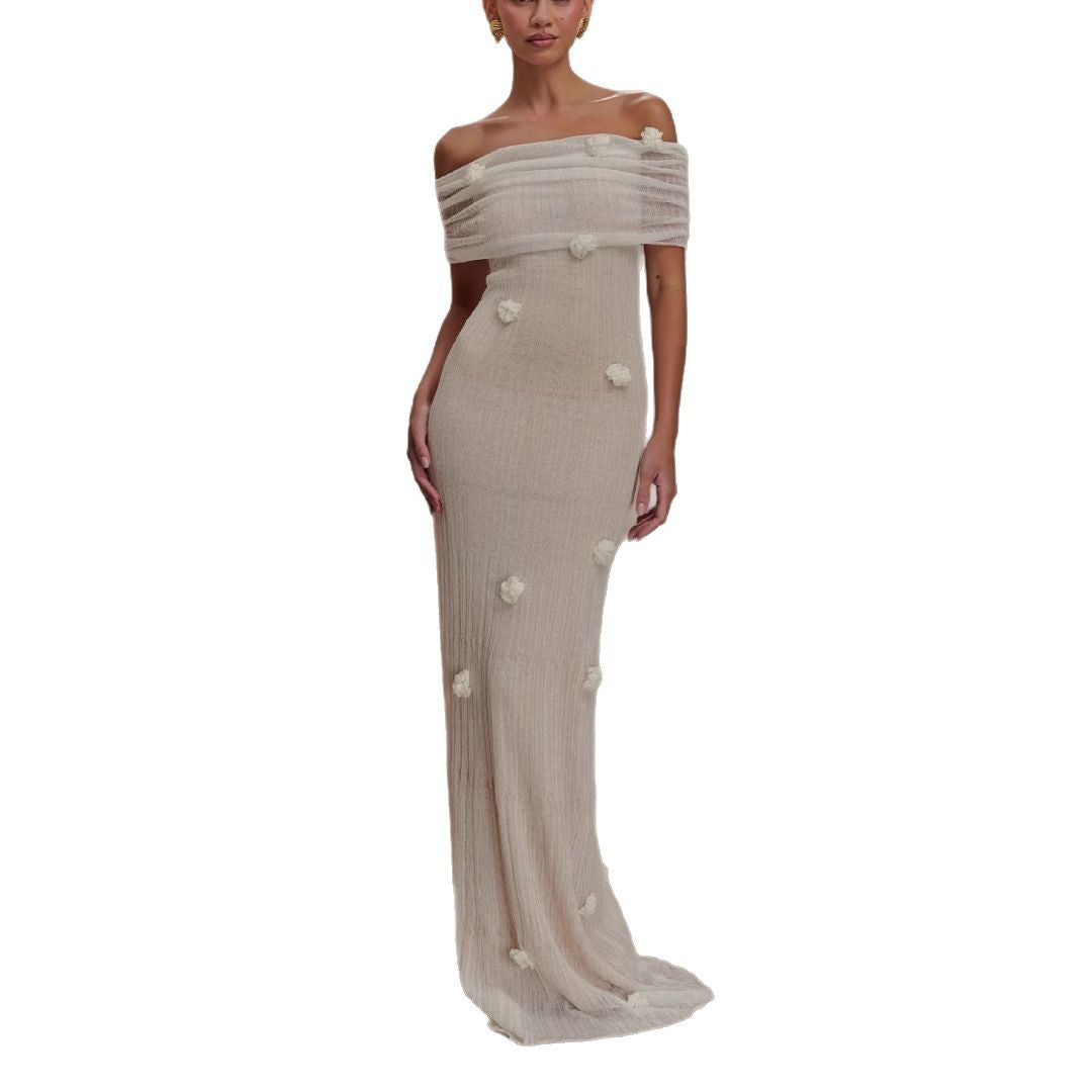 Damen Elegantes Maxikleid mit Off-Shoulder-Design und zarten 3D-Blütenapplikationen