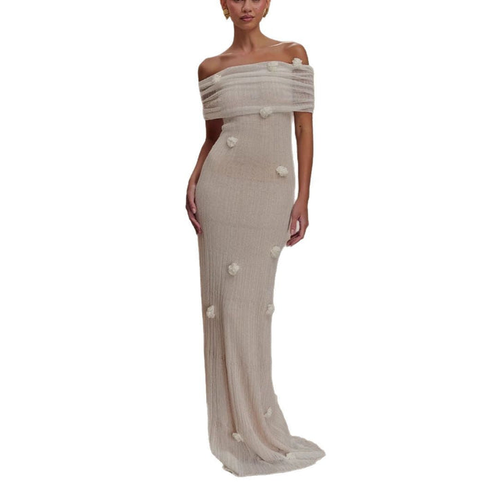Damen Elegantes Maxikleid mit Off-Shoulder-Design und zarten 3D-Blütenapplikationen